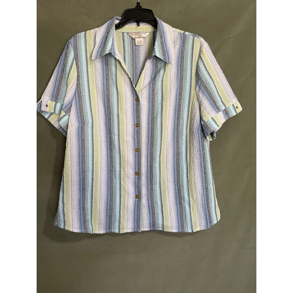 Allison Daley Petite Striped Short Sleeve Button Down Shirt Blue Green 10P